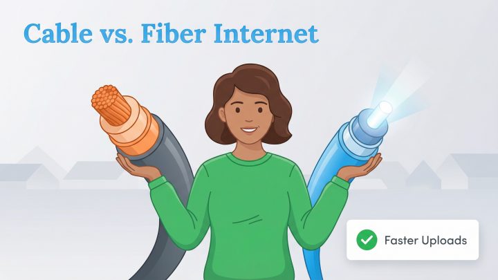 Woman comparing cable copper wire and fiber optic cables, noting fiber has faster uploads.