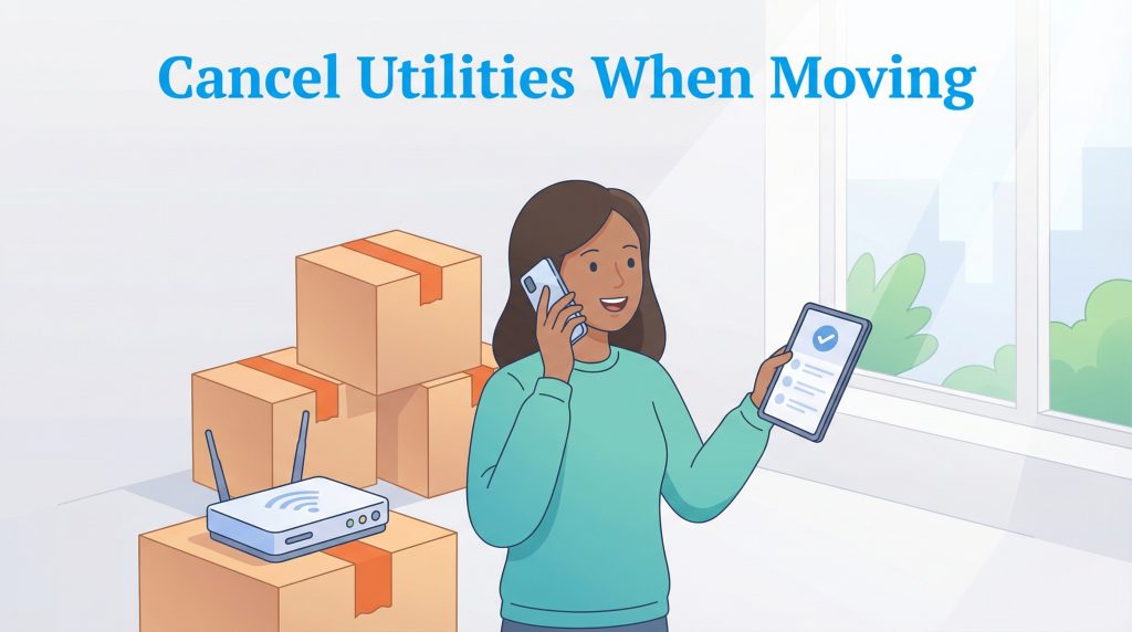 Illustration of a woman canceling utilities by phone while surrounded by moving boxes.