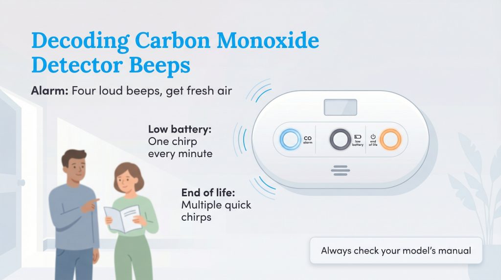 Diagram explaining carbon monoxide detector beeps for alarm, low battery, and end of life, with two people consulting a manual.
