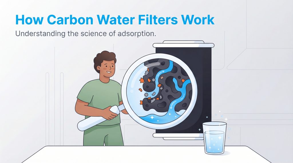 Infographic illustrating how carbon water filters work through adsorption, showing impurities trapped by porous carbon.