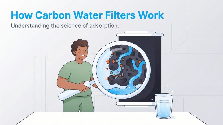 Infographic illustrating how carbon water filters work through adsorption, showing impurities trapped by porous carbon.