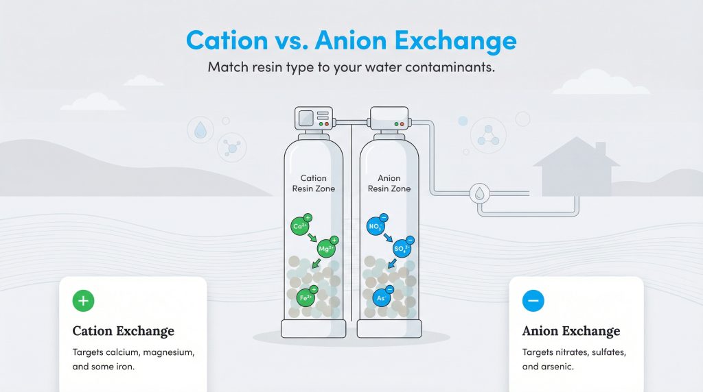 Diagram illustrating cation and anion exchange resins targeting different charged ions in water.