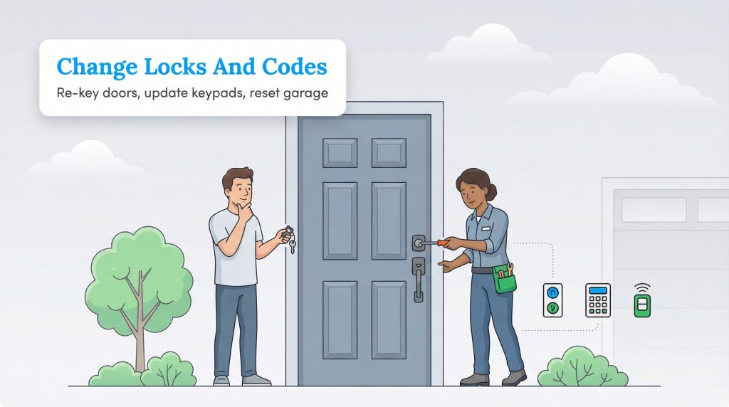 Illustration of a locksmith re-keying a door and updating security codes for a new homeowner.