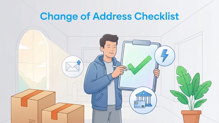 Man holds a checklist surrounded by icons for mail, utilities, and banking next to moving boxes.