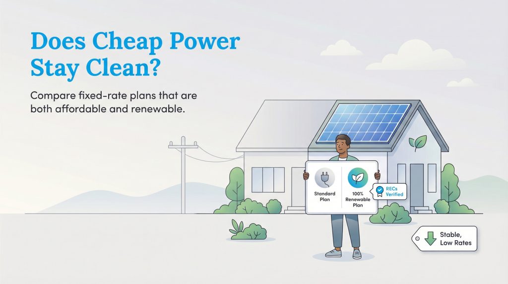 Illustration of a man comparing standard and renewable energy plans in front of a house with solar panels.