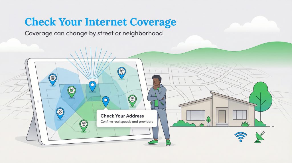 Illustration of a person using a tablet map to check internet availability at a specific address.