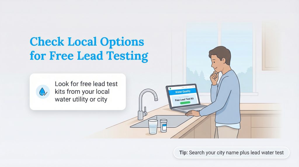 A person uses a laptop in a kitchen to search for free lead test kits from local water utilities.