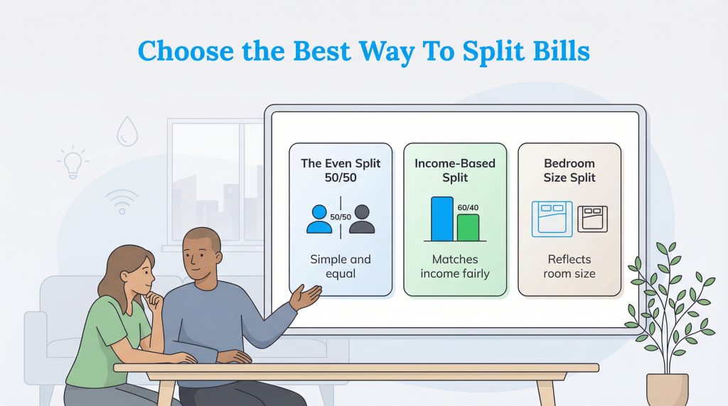 A couple views a screen with three bill-splitting methods: 50/50, Income-Based, and Bedroom Size.