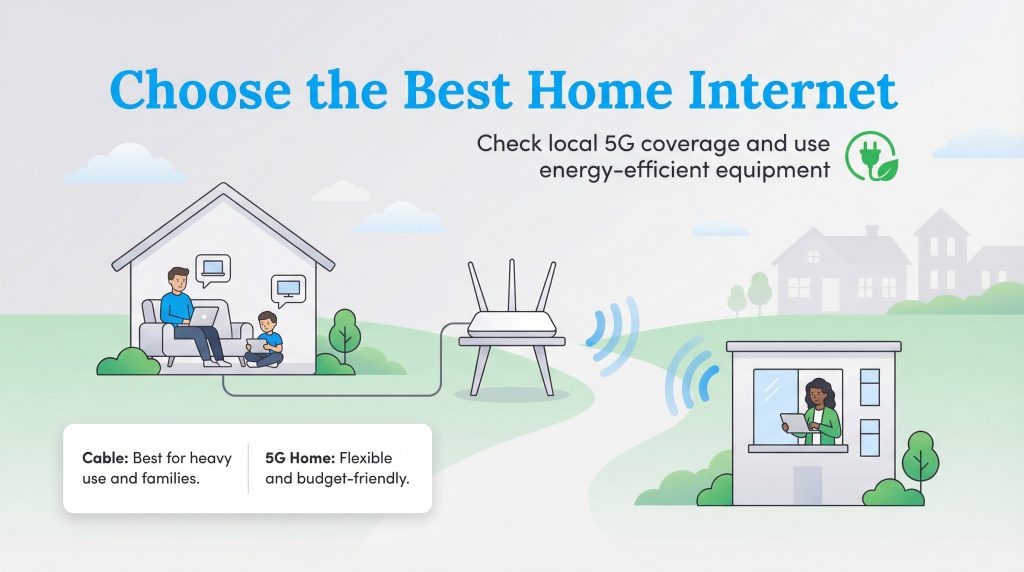 Infographic comparing cable and 5G internet, with advice on coverage and energy efficiency.
