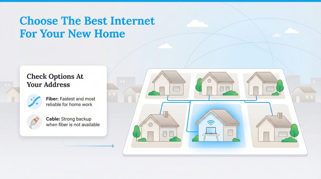 Infographic illustrating checking address-specific internet options, prioritizing fiber over cable.