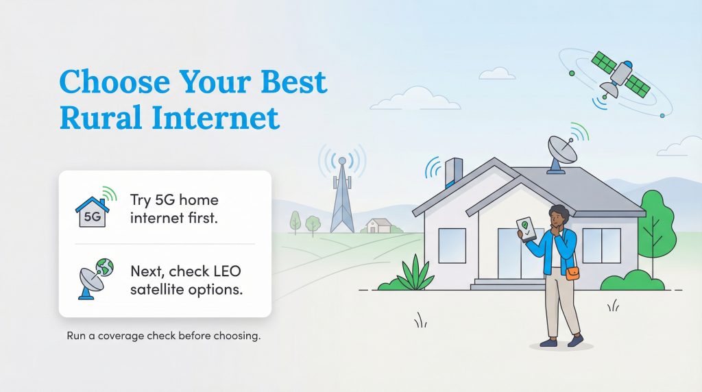 Illustration of a person at a rural house comparing 5G and satellite internet options.