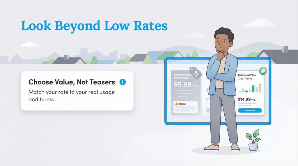An illustration showing a person comparing electricity plans, choosing value over low teaser rates.