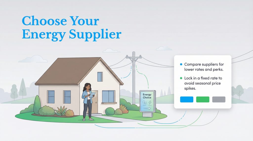 Illustration shows a person outside a house with a pop-up box listing options to compare energy suppliers and lock in a fixed rate.