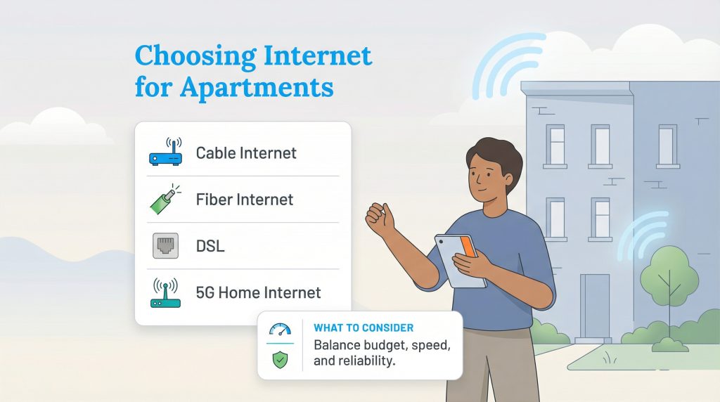 Illustration of a person selecting from Cable, Fiber, DSL, or 5G Home Internet for their apartment.