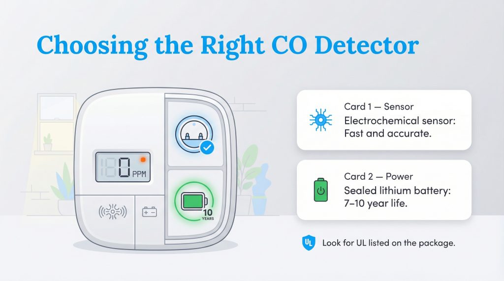 Infographic titled 'Choosing the Right CO Detector' showing a device, a sensor card, and a power card.