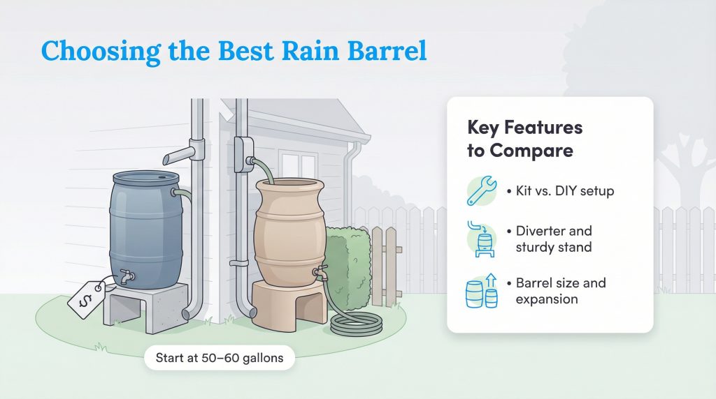 Illustration of two rain barrels and a list of key features to compare when choosing one.