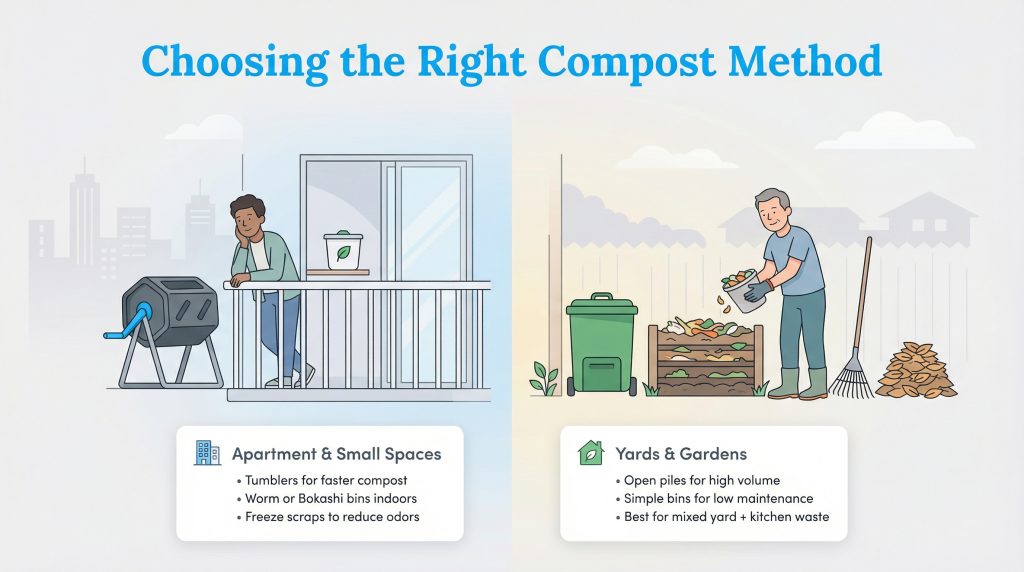 Illustration comparing compost methods for apartments with tumblers and bins versus yards with piles.