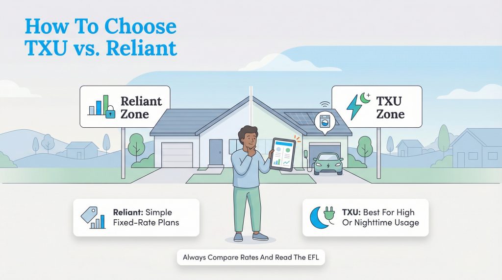 A person compares Reliant's simple fixed-rate plans with TXU's high or nighttime usage plans for a home.