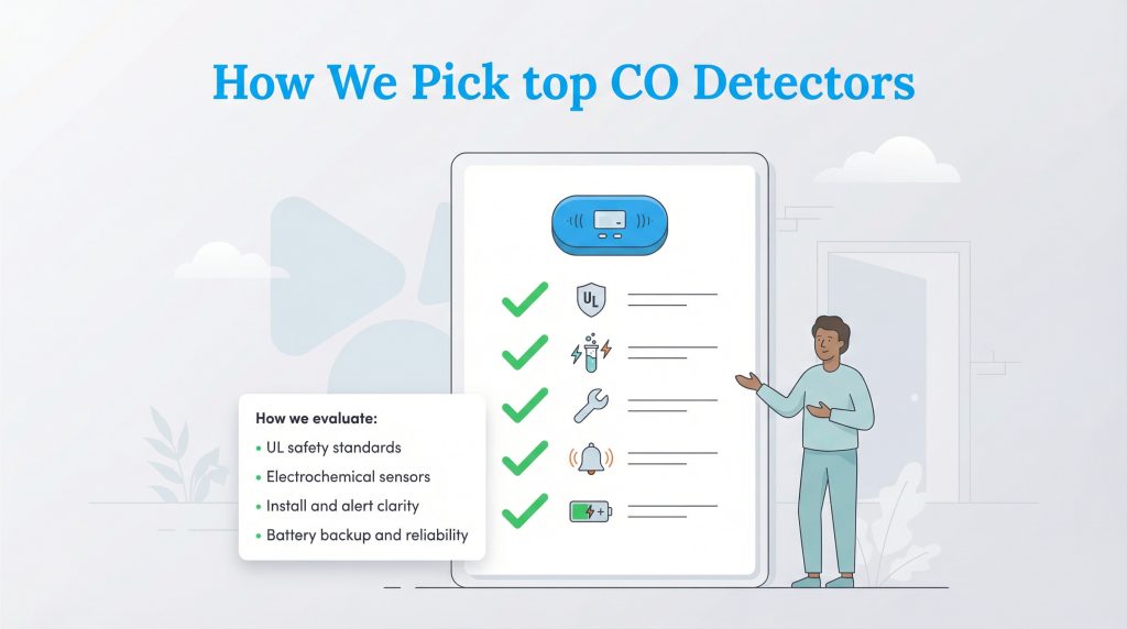 A checklist on a tablet listing criteria for picking CO detectors, like UL safety standards.