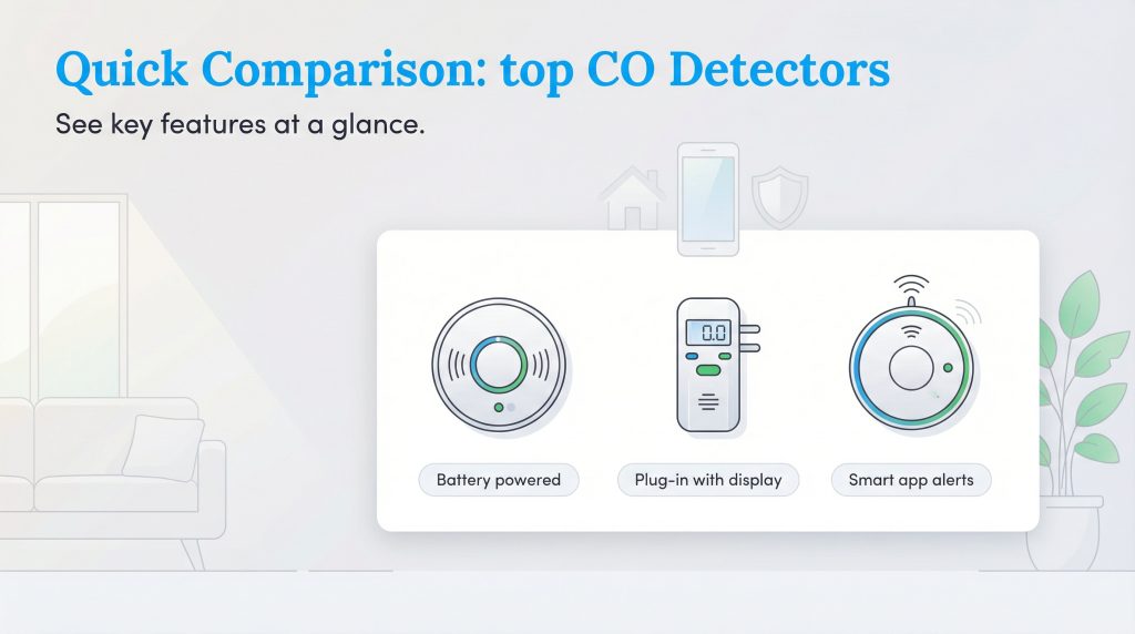 Illustration comparing three CO detectors: battery powered, plug-in with display, and smart app alerts.