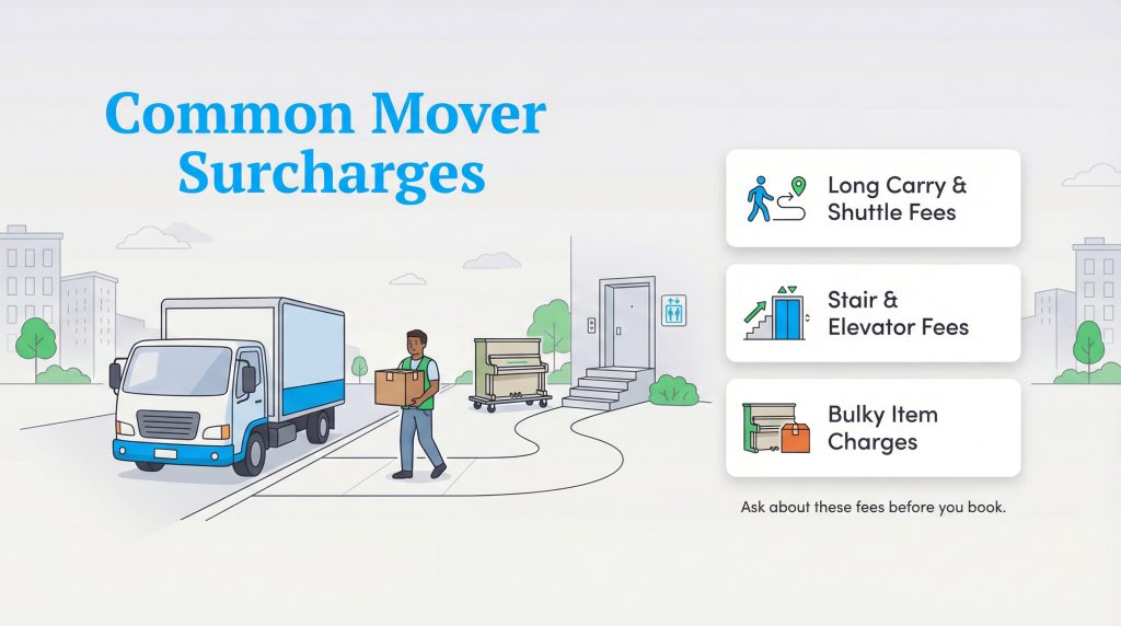 Illustration depicting common professional mover surcharges like long carry, stairs, and bulky items.