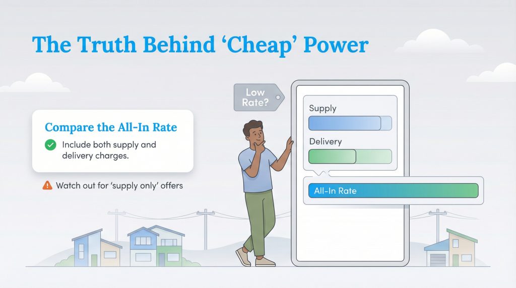 Infographic urging consumers to compare the all-in electricity rate, including supply and delivery charges.