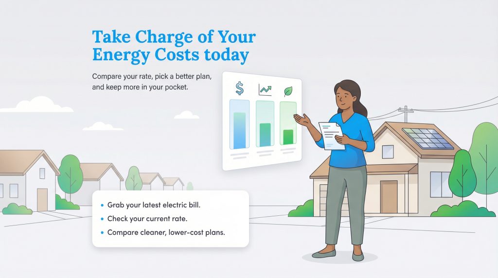 A woman looks at a chart illustrating how to compare energy rates, pick a plan, and save money.