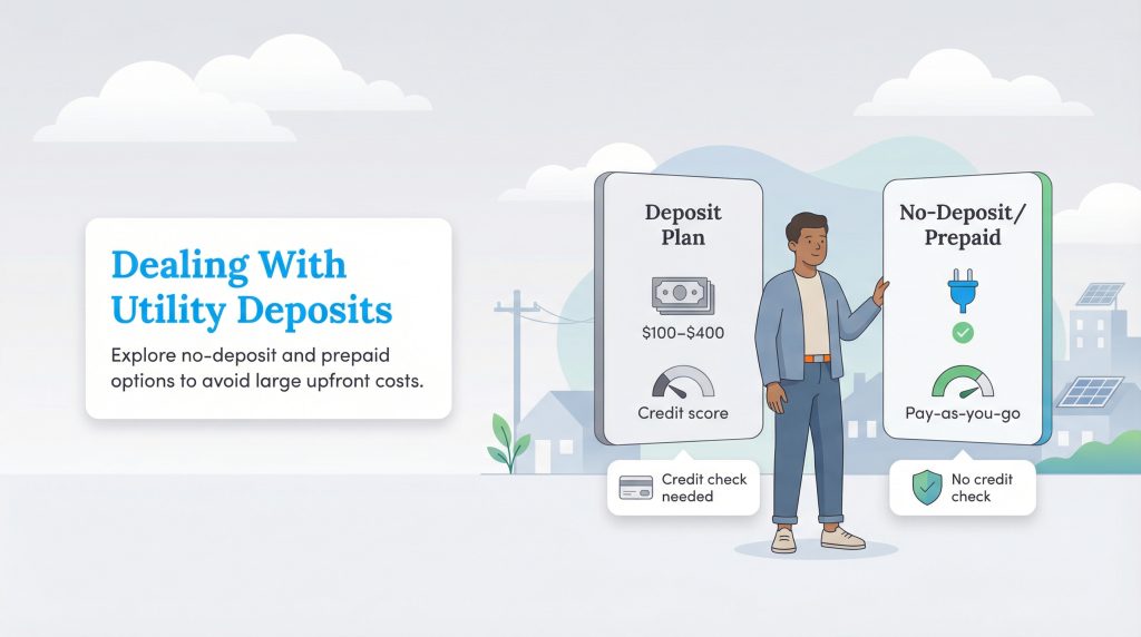 A person compares a Deposit Plan requiring a credit check and a No-Deposit/Prepaid pay-as-you-go plan.