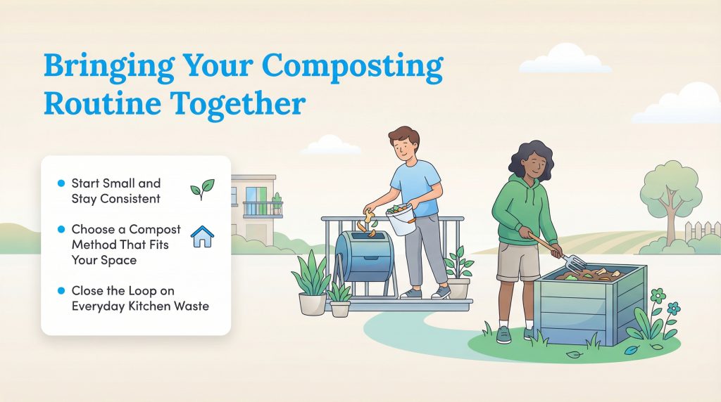 An illustration of a man using a compost tumbler on a balcony and a woman using a compost bin in a yard, with text about starting small, choosing a method, and closing the loop on waste.