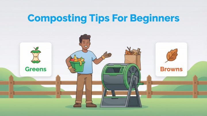 A cartoon man stands between a bucket of fruit scraps ('Greens') and a bag of leaves ('Browns') next to a compost tumbler.
