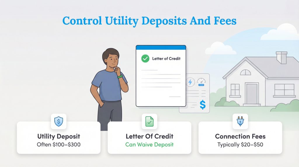 Graphic showing a Letter of Credit can waive utility deposits, with typical costs for deposits and fees.