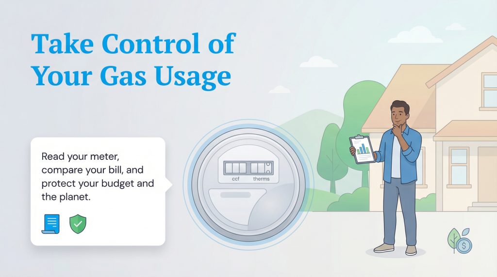 A man with a clipboard stands next to a gas meter, with text encouraging readers to monitor their usage.