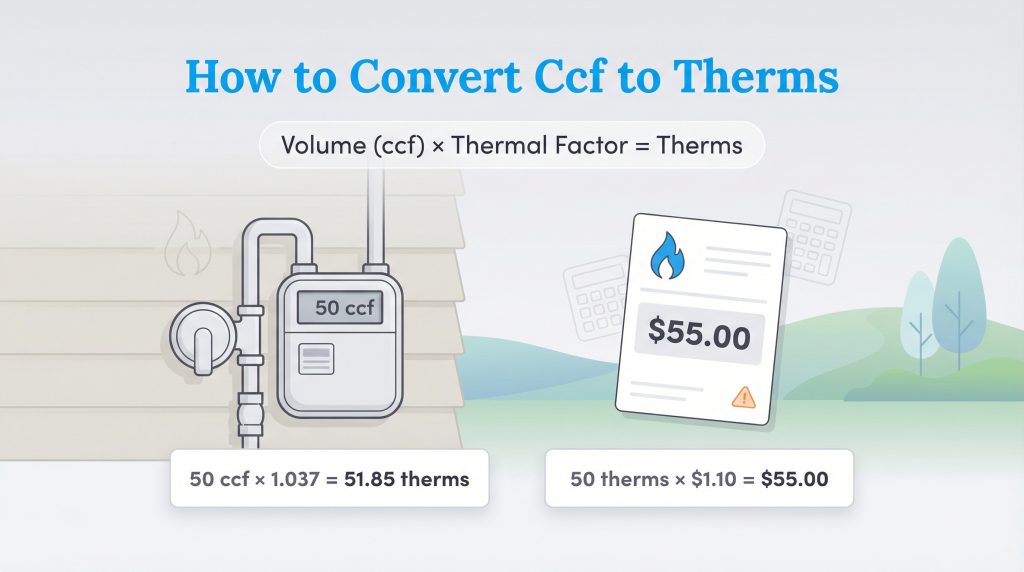 Infographic showing the formula and calculation for converting natural gas volume from Ccf to Therms.