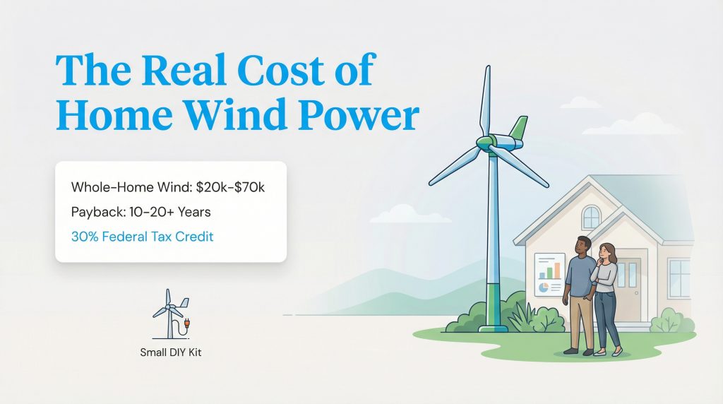 Illustration of a couple by their home with a large wind turbine, showing a text box with costs and incentives.
