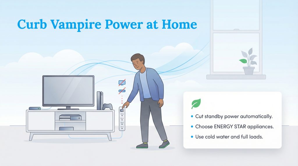 A man uses a smart power strip to reduce standby power from TV and game consoles, with a list of sustainable habits.