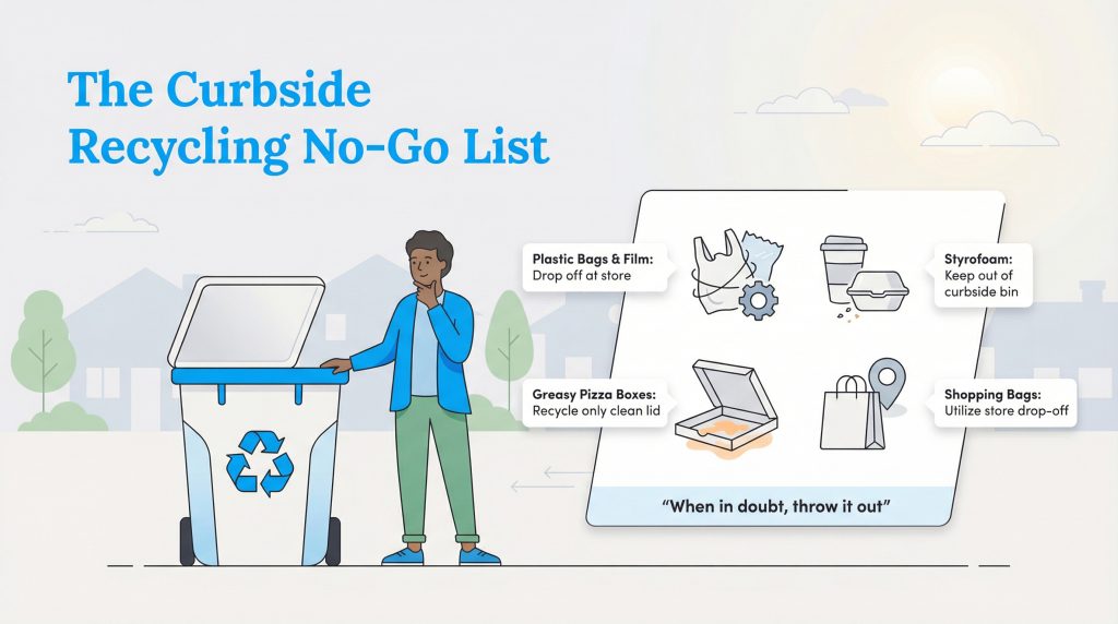 Infographic of items not for curbside recycling: plastic bags, Styrofoam, and greasy pizza boxes.