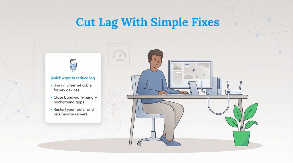 Illustration of a person at a desk with a list of quick ways to reduce internet lag.
