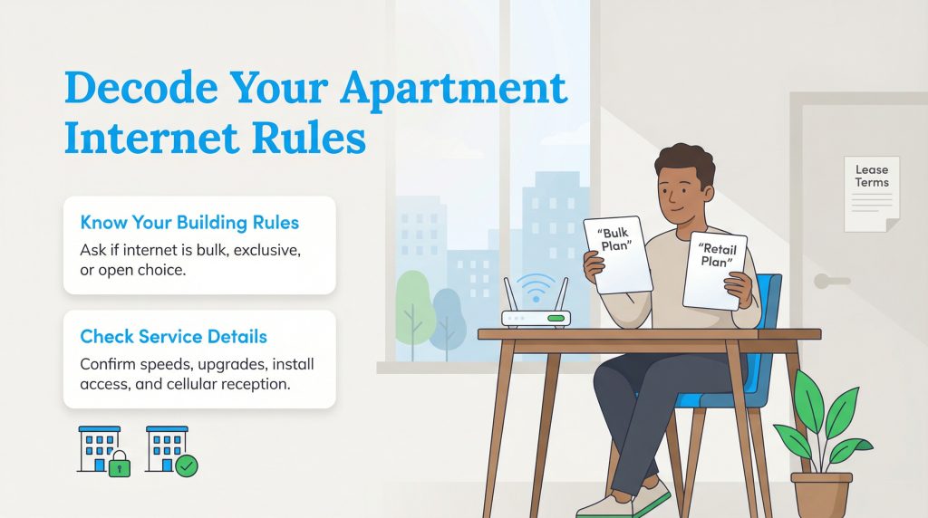 A man compares bulk and retail internet plans next to tips about understanding apartment building rules.
