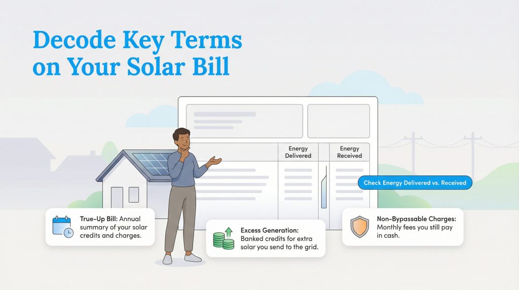 Infographic titled Decode Key Terms on Your Solar Bill with an illustrated person and bill diagram.