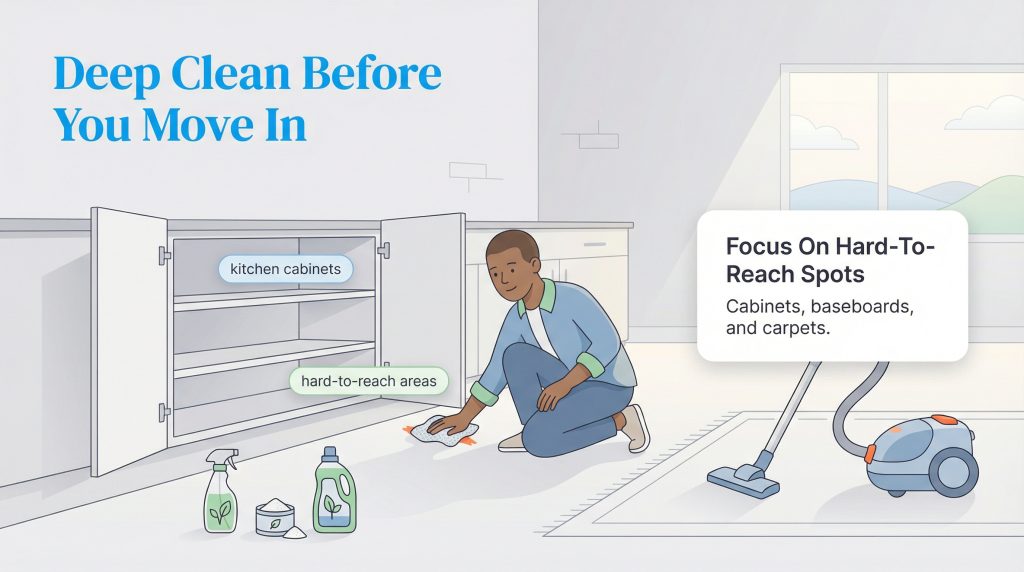 A person deep cleans the floor under a kitchen cabinet in an empty house before moving in.