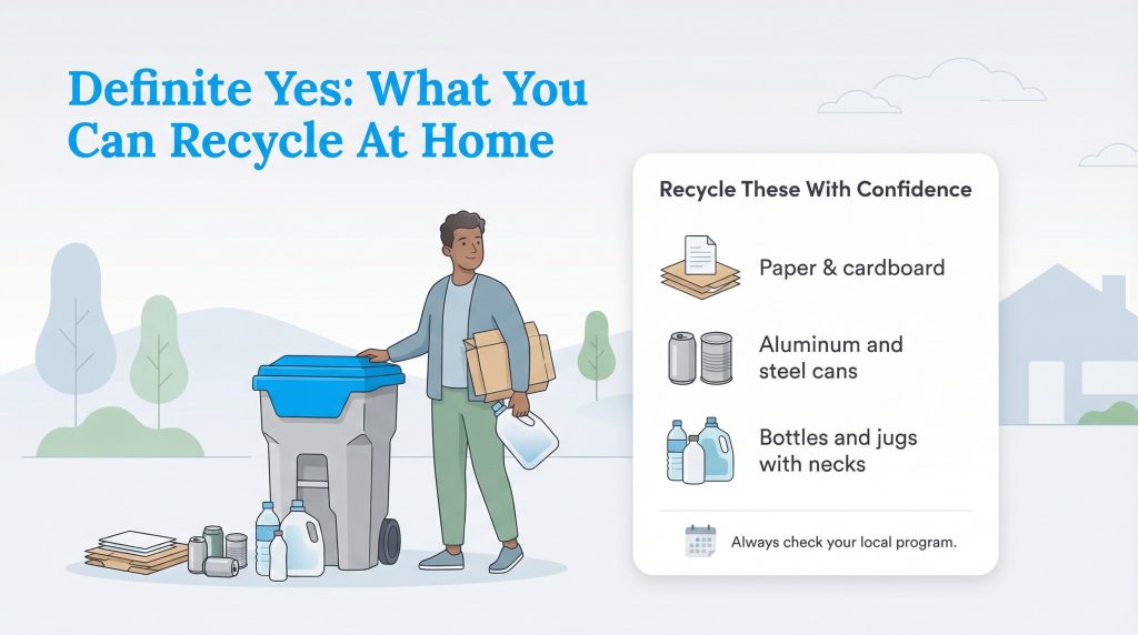 An illustration shows a man with a recycling bin and a list of accepted items: paper, cans, and bottles with necks.