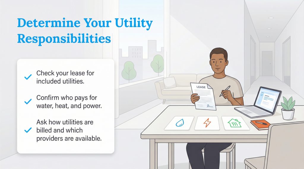 A man checks his lease agreement next to a checklist about understanding utility responsibilities.