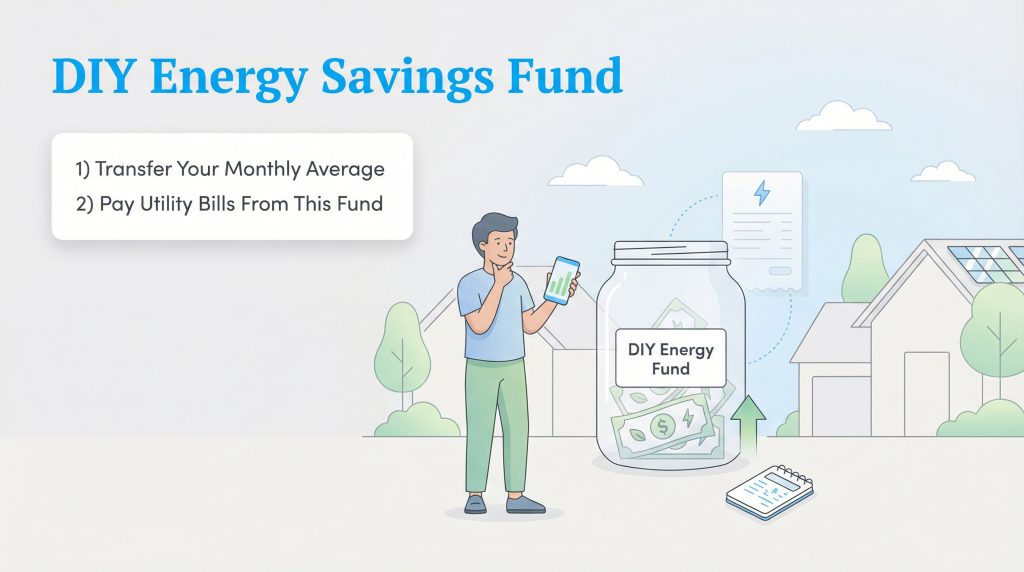 Diagram of a DIY Energy Savings Fund where a person transfers money to a jar to pay utility bills.