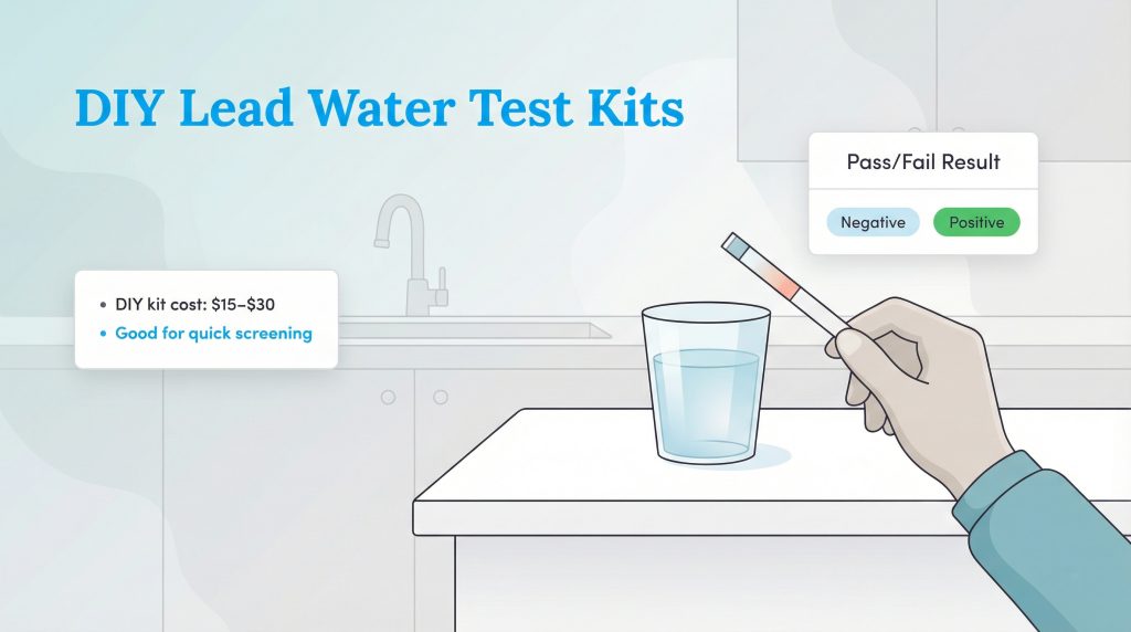 A hand uses a lead water test strip. Text shows $15-30 cost, quick screening, and pass/fail results.