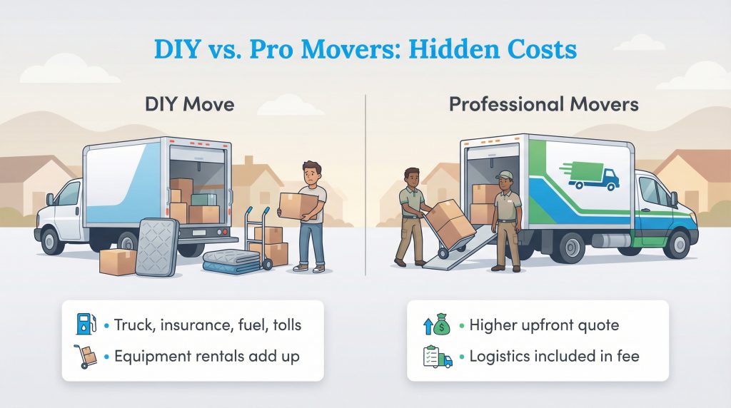 Infographic comparing hidden costs of a DIY move versus hiring professional movers.
