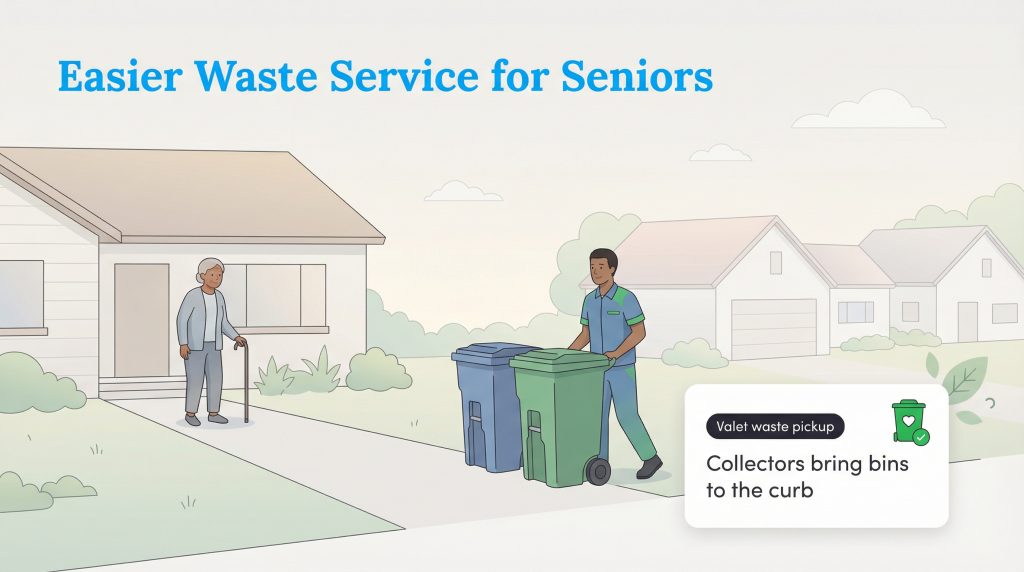 Illustration of a valet waste pickup service where a collector moves bins for a senior woman with a cane.