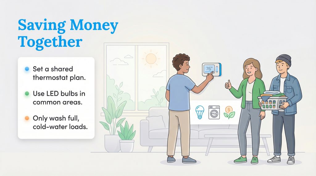 Infographic with three people in a living room and a list of three tips for saving money and energy together.