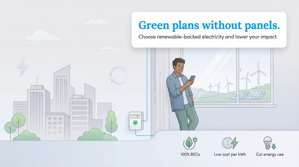 Man in an apartment looking at his phone, with a green energy plan graphic and icons for renewable energy credits, low cost, and energy saving.