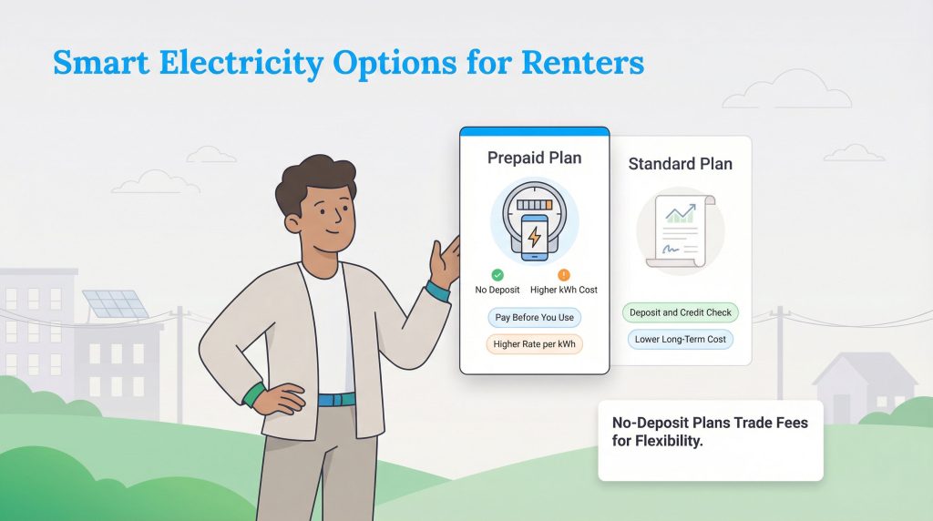 Illustration comparing prepaid and standard electricity plans for renters, highlighting costs.