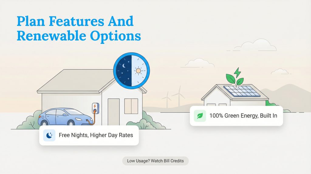 Illustration comparing a free nights electricity plan for an EV to a 100% green energy plan.